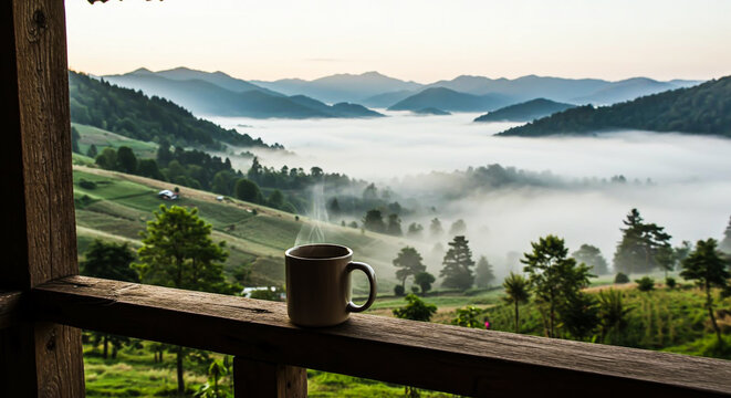 Hot coffee mug resting on a rustic wooden railing, overlooking a breathtaking misty mountain valley