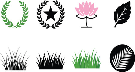 Botanical nature icon collection featuring green laurel wreaths victory star pink lotus flower garden leaves and fresh grass tufts © Prince7011