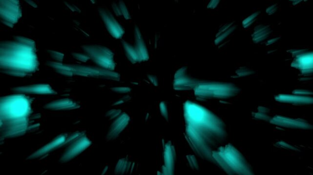 Dynamic technology background with glowing cyan particle shards flying forward from darkness, ideal for cyber network concepts and fast-paced concert VJ loops