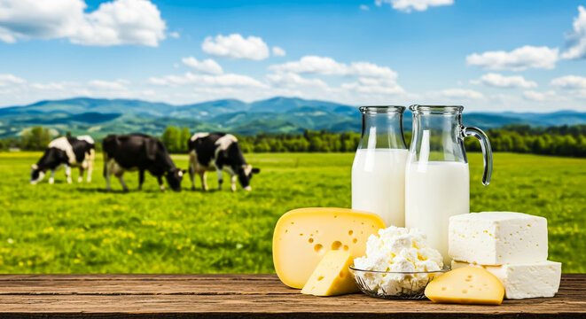Various dairy products, bottles of milk, cottage cheese, and various cheeses on a wooden table with grazing dairy cows in a green farm meadow background.