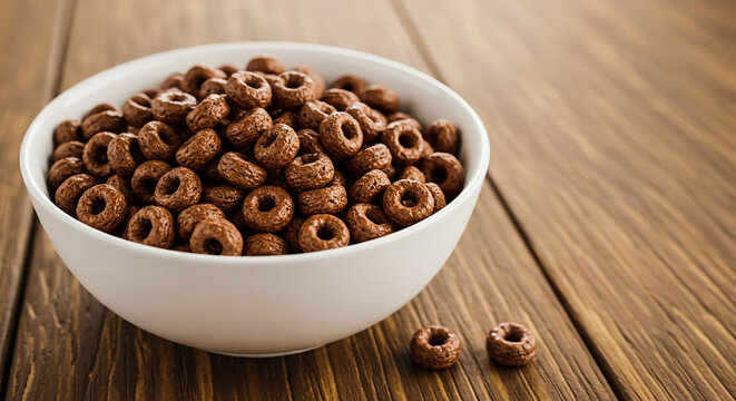 Chocolate Breakfast Cereal in a White Bowl on a Wooden Table