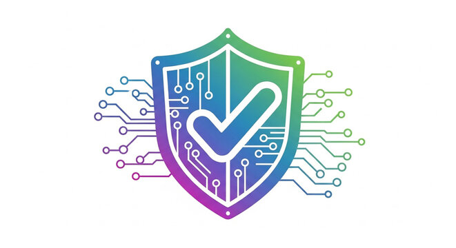 Digital security shield icon with a check mark circuit design