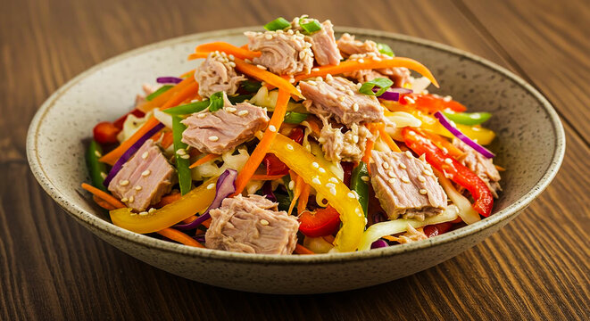 Healthy low-carb keto tuna salad bowl with fresh crisp vegetables