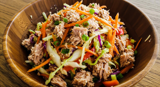 Fresh homemade seafood salad with canned tuna and colorful julienned vegetables on a wooden background
