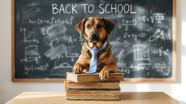 Adorable dog wearing a tie sits on books in front of a chalkboard with math equations
