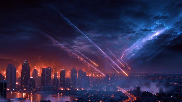 apocalyptic city with meteor rain