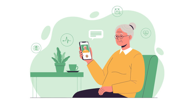 Elderly Woman Video Calling on Smartphone with Modern Flat Design Illustration