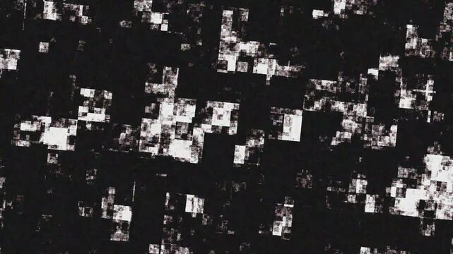 Abstract tech background with white mosaic blocks and digital matrix fragments shifting on a black screen, perfect for cyber crypto loop overlays. 4k