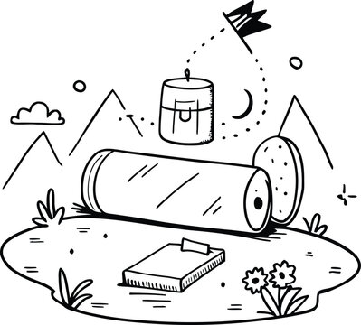 Camping scene with lantern log and book in nature