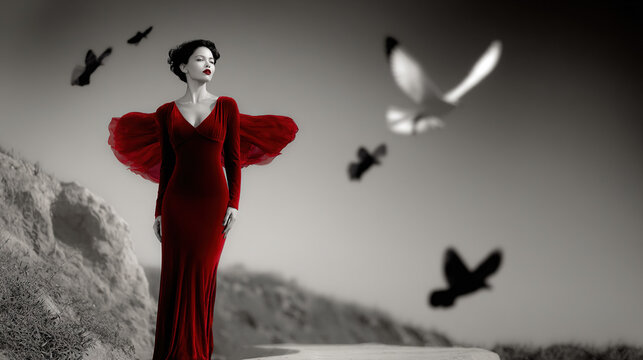 Woman in red dress with birds flying on a rocky cliff