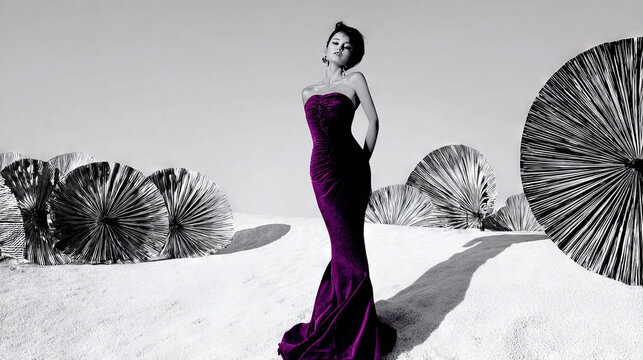 Elegant woman in a strapless evening gown on a sandy beach