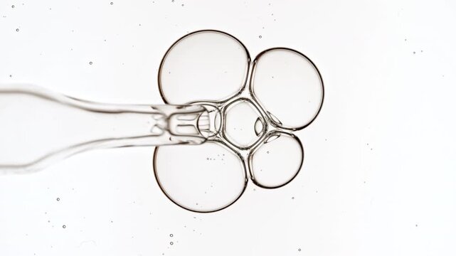 Bubble Cluster, Cells Under a Microscope From a Glass Pipette. Essential Oil, Cosmetic Serum Fluid Gel With Molecule Bubbles. Dermatology science laboratory. Macro Shot of Organic Products. 4k