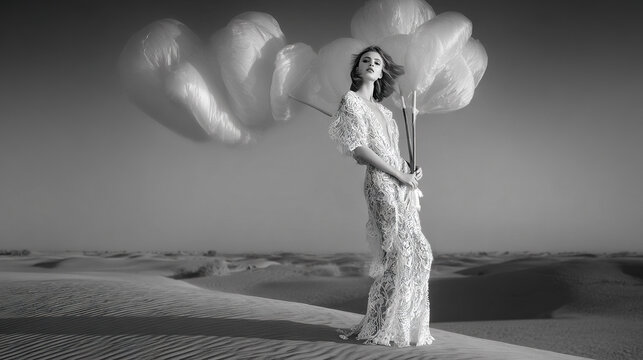 Woman in lace dress holding white fabric cloud in desert landscape