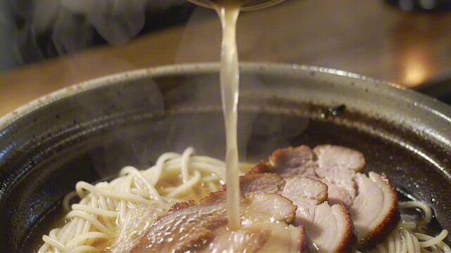 Steaming tonkotsu broth pouring over ramen noodles and sliced chashu pork in a dark bowl, with shimmering surface and rising steam.