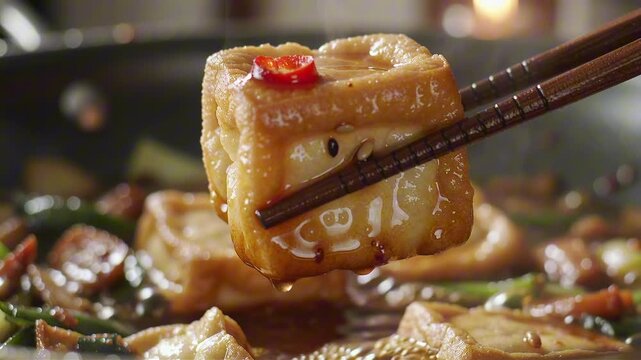 Crispy glazed tofu cube held by chopsticks in macro close-up. Shiny soy sauce coating with chili slice. Blurred stir-fry pan background.
