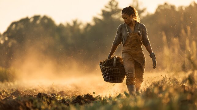 Professional female farm worker in protective overalls transporting a heavy basket of organic material across a dusty field under warm morning sunlight