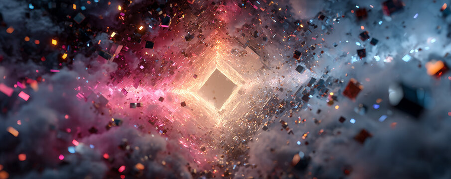 glowing geometric portal vortex opening to a digital metaverse in neon colors