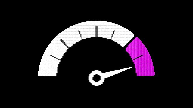 Retro pixel-art speedometer design in vibrant purple on a black background.