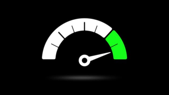 Animated design of a speedometer at maximum power in white with green on a black background
