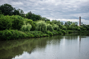 Fototapeta premium Calm lake surrounded by green trees under dramatic cloudy sky