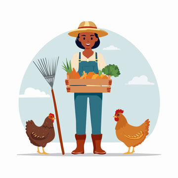 Farmer Woman Holding Fresh Vegetables with Chickens and Rake