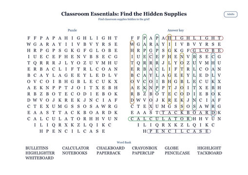 Classroom Essentials Vocabulary Word Search Puzzle