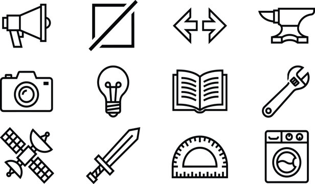 Collection of simple black line icons featuring megaphone camera light bulb open book wrench satellite sword and washing machine