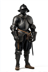 Fototapeta premium full length portrait of person wearing blackened reiter plate armor and lobster tail helmet holding antique pistol weapon on white