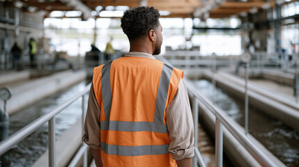 Obraz premium Water treatment plant filtration gallery at municipal facility, operator walking between sand filter beds checking pressure differential gauges, safety railing over clarifier basin, infrastructure m