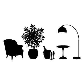 Silhouette of living room furniture and decor items including armchair plant and lamp.