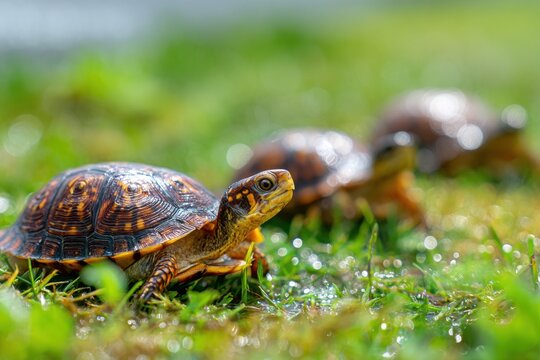 A group of small turtles with detailed patterned shells walking slowly on green grass under natural sunlight with water droplets sparkling around them