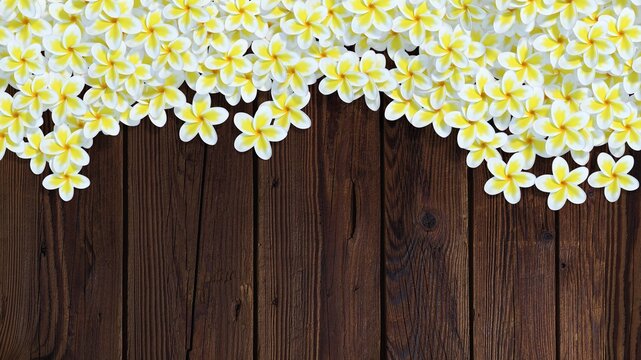 Tropical Frangipani Plumeria Flowers Border On Dark Brown Wooden Background