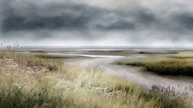 Serene Marshland with Overcast Sky