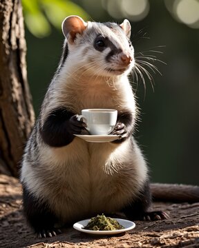 A bark toned javan ferret  badger ai-generated fantasy animal, fictional species in a drinking tea