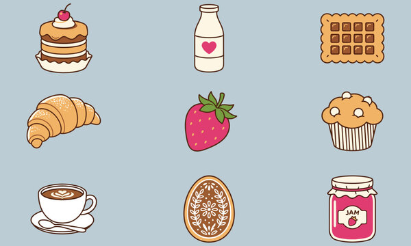 Colorful illustrations of various breakfast foods and drinks on light blue background