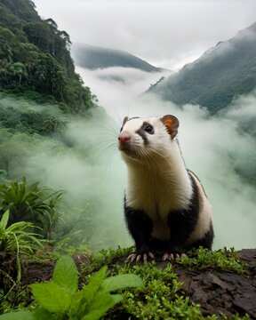 A glowing javan ferret  badger ai-generated fantasy animal, fictional species bouncing in a fog layered valley floor