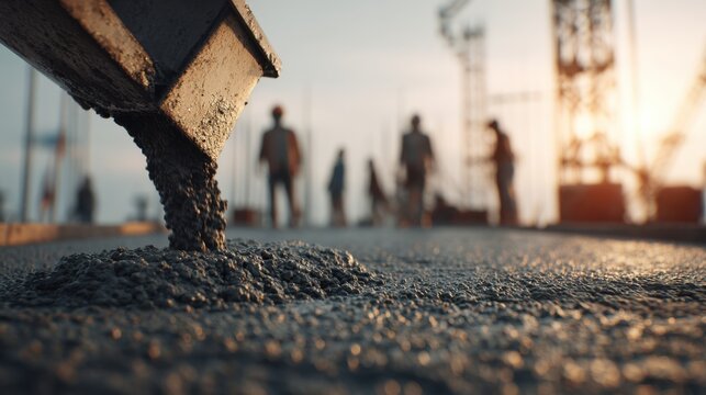 Fresh concrete being poured at a construction site with workers and heavy machinery silhouetted in the background during a sunset scene