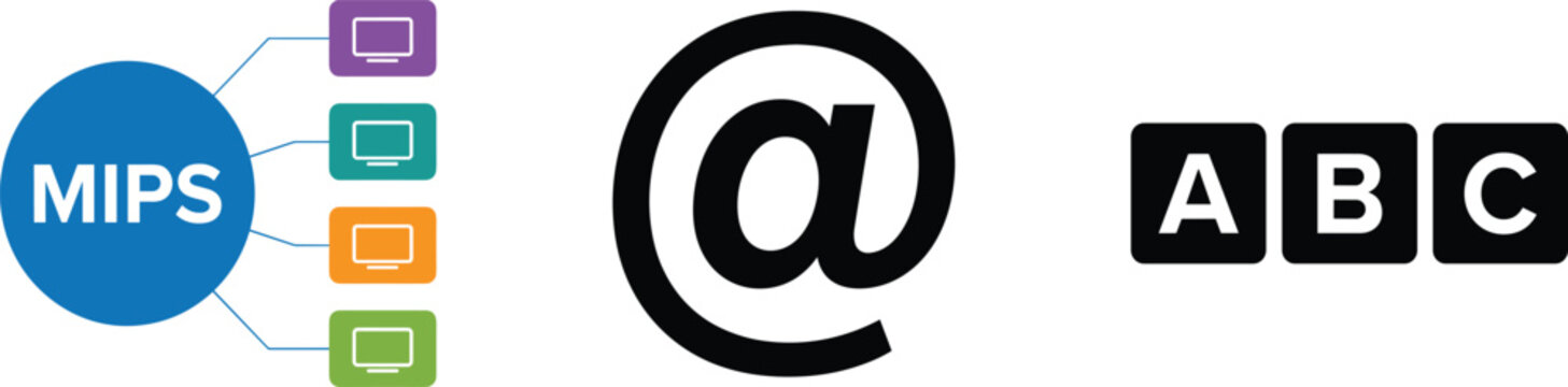 Computer technology icons showing MIPS architecture, internet communication symbol, and ABC alphabet blocks for digital learning concepts