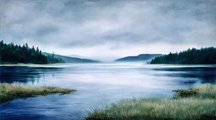 Obraz premium Serene Lake Scene with Misty Forests