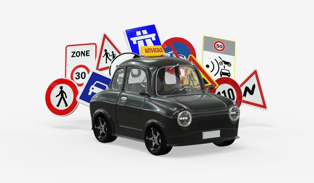 Blue driving school car surrounded by various road signs on a white background - 3D rendering