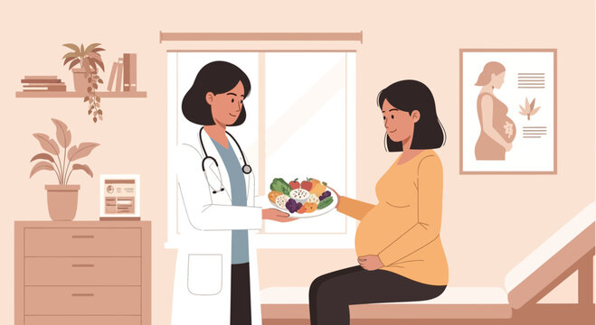 Pregnant Woman Consults Doctor About Healthy Diet and Nutrition for Pregnancy
