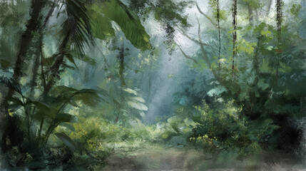Naklejka premium Tropical Rainforest with Misty Atmosphere