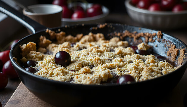 vegan cherry crumble in a skillet, dinamic scene. White tone