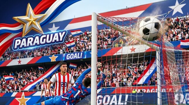 Paraguay soccer team scores a goal in a stadium with cheering fans and national flags