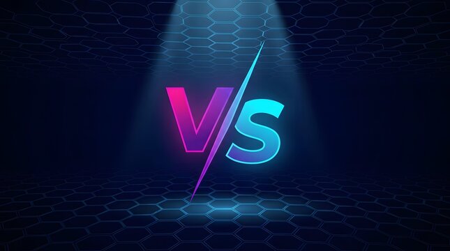 Neon vs symbol on dark hexagonal background