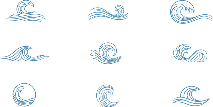 Ocean Wave Icon Collection Vector Set with Minimal Blue Sea Surf Symbols and Hand Drawn Water Elements