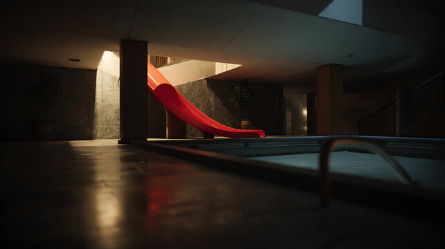 Modern Indoor Pool Area with Red Slide and Ambient Lighting in a Contemporary Building Interior for Recreation and Leisure Activities
