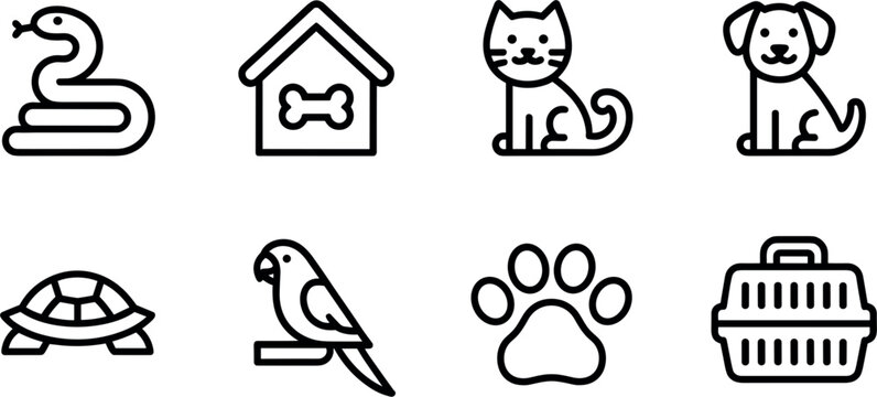 Pet and Animal Outline Icon Set Featuring Snake Dog House Cat Puppy Turtle Bird Paw and Carrier Vector Symbols