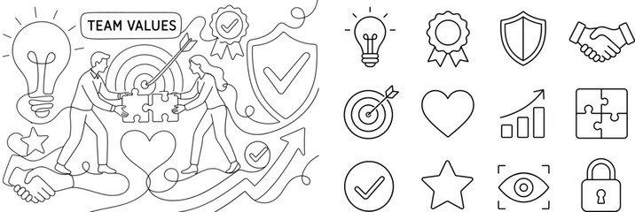 Fototapeta premium Core Values Principles. Clean one-line drawing banner with oversized light bulb and shield spanning opposite edges, two colleagues connecting puzzle pieces and aiming at target, quality badge and