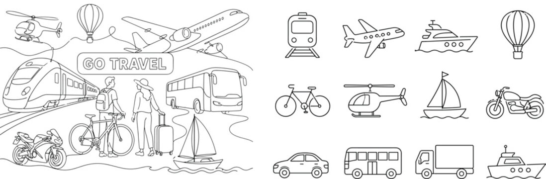 Transport Travel Symbols. Clean one-line drawing banner with oversized train entering from left edge and airplane crossing toward upper right edge, bus and sailboat extending to bottom and side edges,